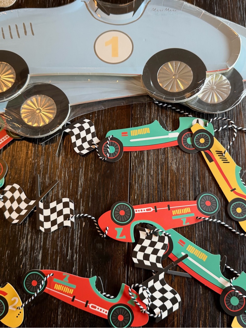 Meri Meri Race Car Garland & 2 packs race car plates  meri meri
